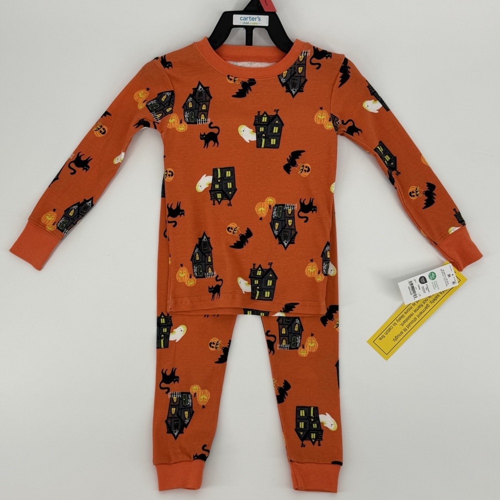 Carter's Child of Mine 2T Halloween Pajamas Orange Haunted House Ghost 2 Piece